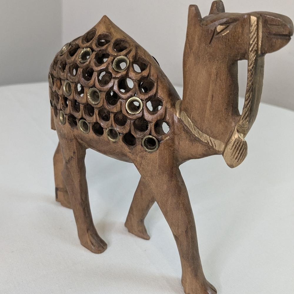 Wooden Camel Statue Art Hand Carved Single Piece Sculpture Small Camel Inside